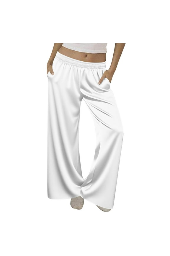 Silk Satin Pajama Pants for Women Palazzo Slack Straight Wide Leg Lounge Pants with Pockets Loose Fit Smooth Sleep Pants(X-Large,White)