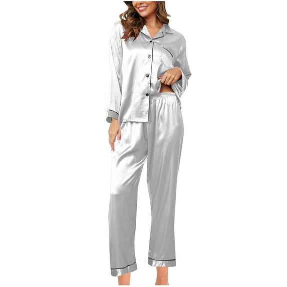 UAMVSH Silk Satin Pajama Sets for Women Long Sleeve Button down Shirts Wide Leg Pants Sleepwear Outfits with Pockets Classic Fall Loungewear(Large,Gray)