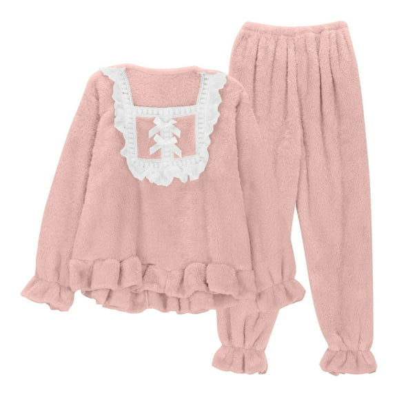 UAMVSH Soft Plush Loungewear Outfits for Women Cute Lace Trim Babydoll Tops and Pants Sleepwear Ruffle Hem Winter Fleece Pajama Sets(Large,Pink)