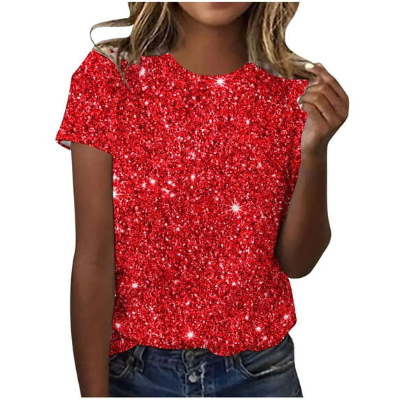 UAMVSH Sparkly Tops for Women Short Sleeve Glitter Tunic Shirts Casual Soft Crewneck Party Blouses Dressy Club Concert Outfits
