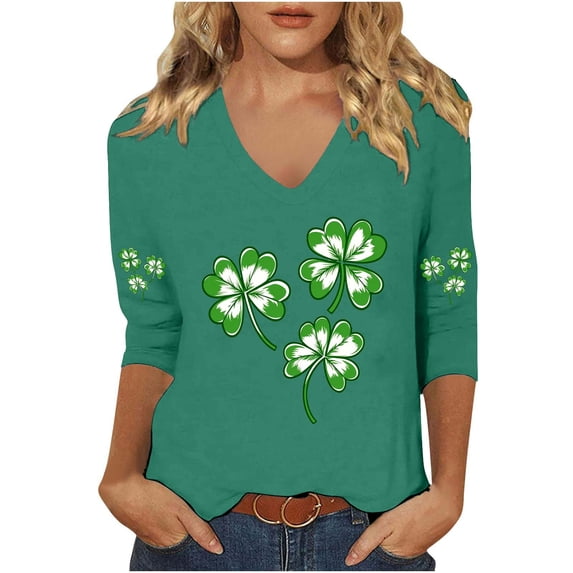 UAMVSH St Patricks Day V Neck Shirts for Women Lightweight 3/4 Sleeve Casual Blouses Comfy Soft Print Graphic Tops Gift for Women