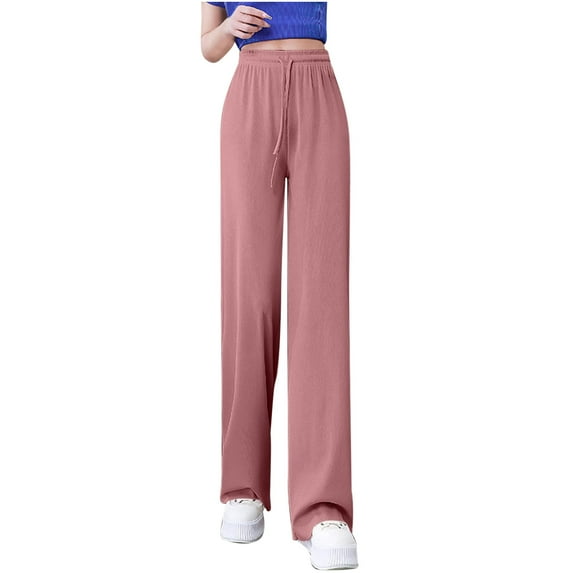 UAMVSH Straight Leg Pants for Women Casual Ice Silk Drawstring Beach Pants with Pockets Soft High Waist Vacation Lounge Pants with Pockets(X-Large,Pink)