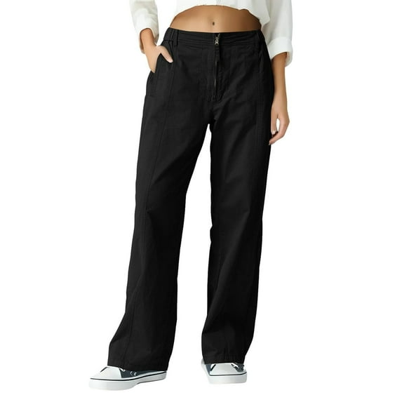 UAMVSH Straight Leg Pants for Women Casual Elastic Waisted Dressy Trousers with Pockets Vintage Baggy Comfy Zipper Work Trousers(X-Large,Black)