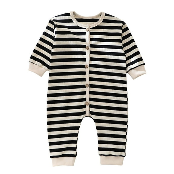 UAMVSH Striped Baby Jumpsuit Rompers Boys Girls Infant Button down Printed Bodysuits Clothes Lightweight Long Sleeve Lounge Outfits(6-12 Months,Black)