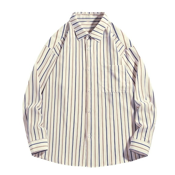 UAMVSH Striped Shirts for Men Oversized Button down Lapel Dressy Tops Loose Fit Printed Long Sleeve Tshirts with Chest Pockets(Medium,White)