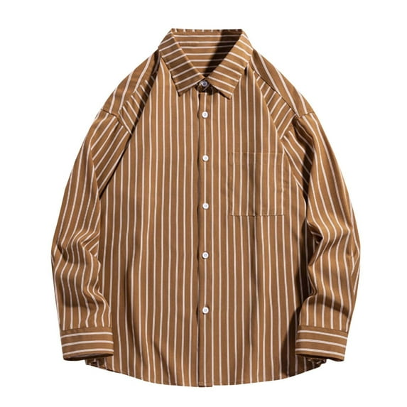 UAMVSH Striped Shirts for Men Oversized Button down Lapel Dressy Tops Loose Fit Printed Long Sleeve Tshirts with Chest Pockets(X-Large,Khaki)