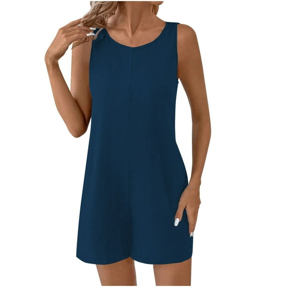 UAMVSH Summer Jumpsuits for Women Casual Vacation Wide Strap Sleeveless Rompers Baggy Crew Neck Pockets Overalls Clothes