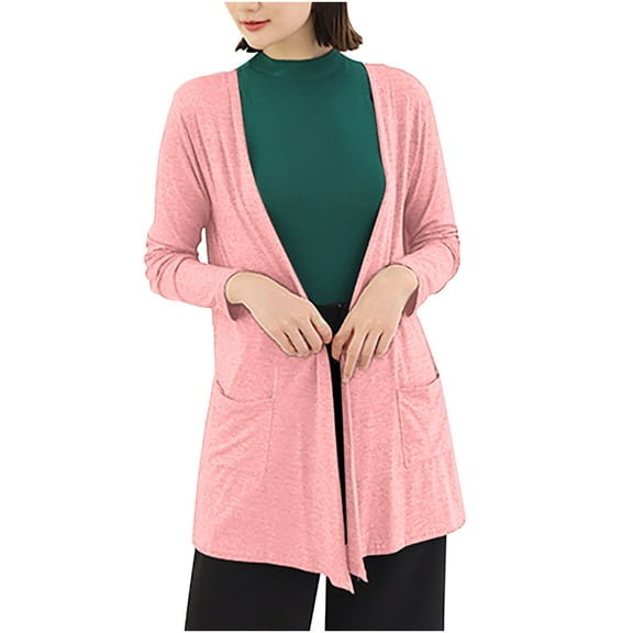 UAMVSH Summer Lightweight Cardigans for Women Long Sleeve Fall Open Front Trendy Stretchy Long Dusters with Pockets Ladies Fashion(Free Size,Pink)
