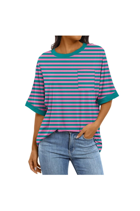 Summer Shirts for Women Soft Loose Half Sleeve Crew Neck Tops with Pockets Classic Fall Stripe Printed Dressy Blouses(Large,Purple)