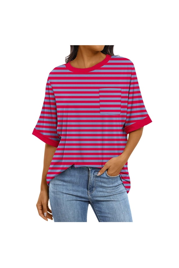Summer Shirts for Women Soft Loose Half Sleeve Crew Neck Tops with Pockets Classic Fall Stripe Printed Dressy Blouses(Medium,Hot Pink)