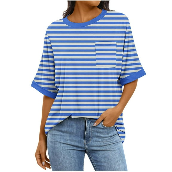 UAMVSH Summer Shirts for Women Soft Loose Half Sleeve Crew Neck Tops with Pockets Classic Fall Stripe Printed Dressy Blouses(Small,Blue)