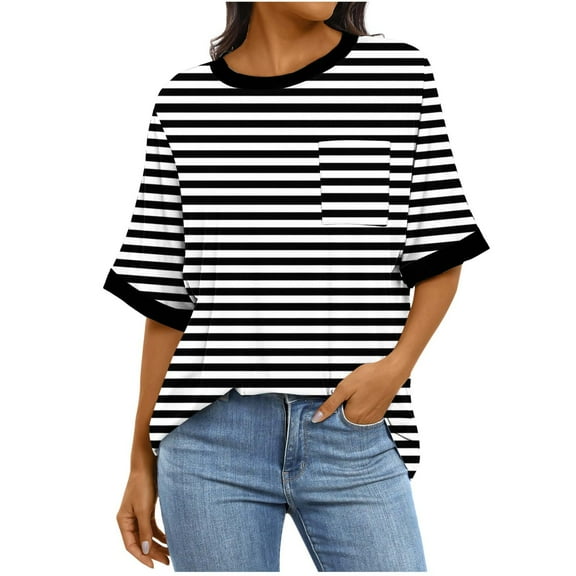 UAMVSH Summer Shirts for Women Soft Loose Half Sleeve Crew Neck Tops with Pockets Classic Fall Stripe Printed Dressy Blouses(XX-Large,Black)