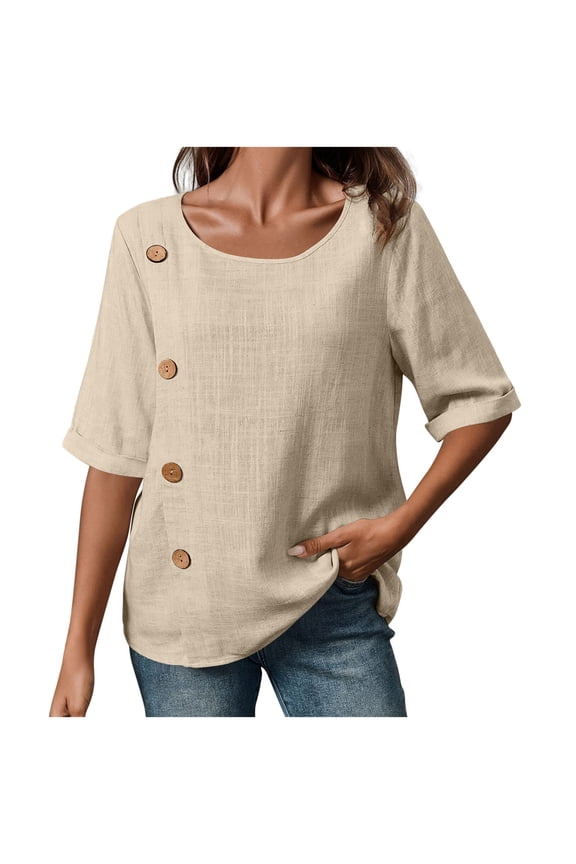 Summer Shirts for Women Trendy Lightweight Cotton Linen Dressy Tops Casual Loose Fit Crew Neck Half Sleeve Button Blouses(Medium,Khaki)