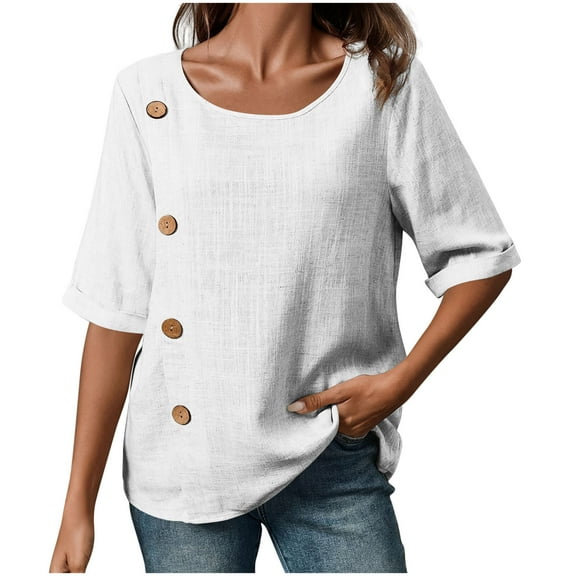 UAMVSH Summer Shirts for Women Trendy Lightweight Cotton Linen Dressy Tops Casual Loose Fit Crew Neck Half Sleeve Button Blouses(Medium,White)