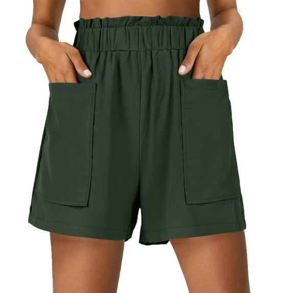 UAMVSH Summer Shorts for Women Cotton Linen Casual Long Shorts with Pockets Soft Solid Color High Elastic Waist Shorts
