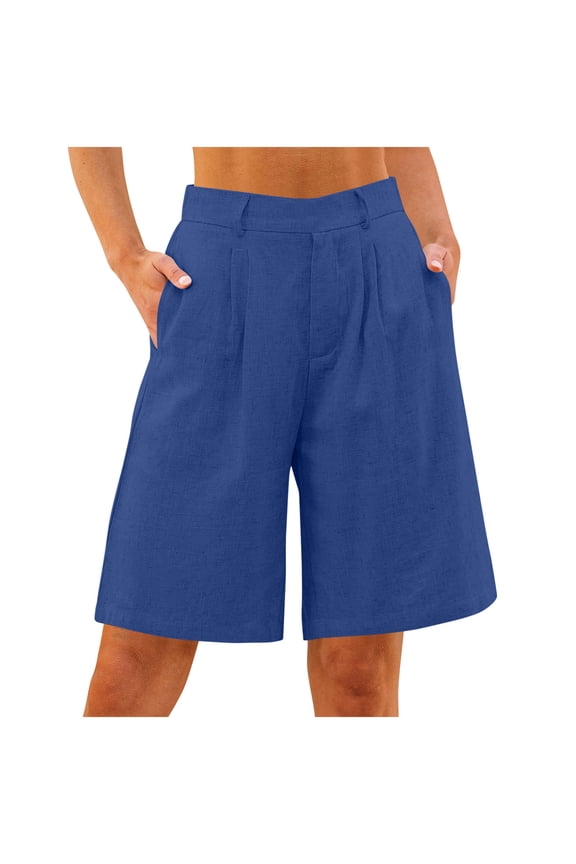Summer Shorts for Women Cotton Linen Pleated Front Shorts with Pockets Bermuda Soft Loose Fit Wide Leg Long Shorts