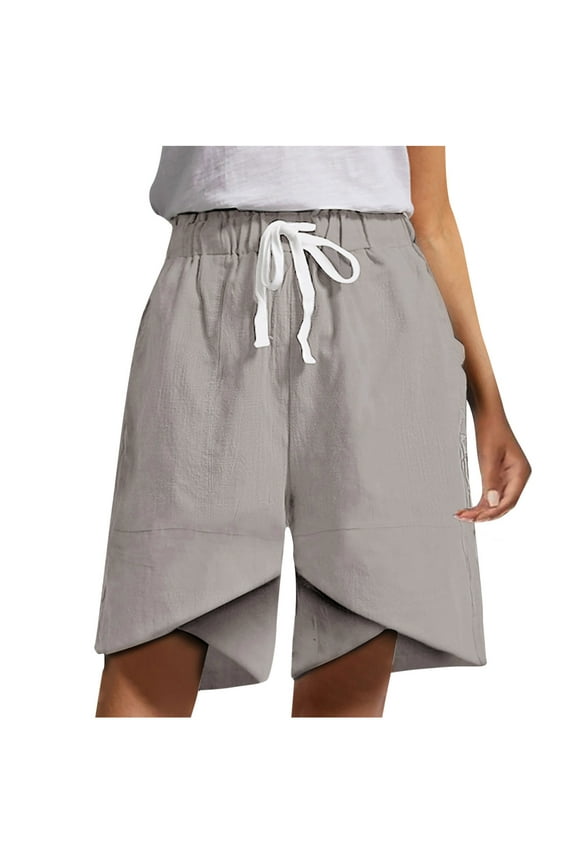 Women Cotton Linen Shorts Trendy Solid Color tulip Hem Shorts Stretch Drawstring Casual Shorts for Summer Beach Vcation