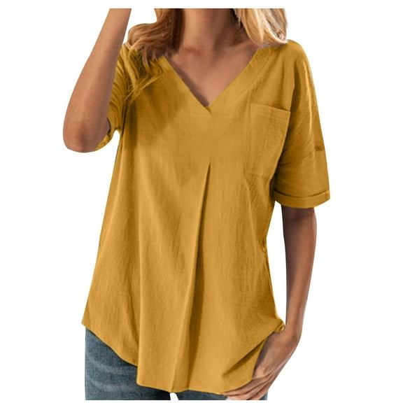 UAMVSH Summer Tops for Women Casual Solid Cotton Linen Lightweight Tunic Tops V Neck Short Sleeve Shirts Blouses