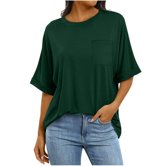 UAMVSH Summer Tops for Women Crew Neck Half Sleeve Basic Shirts with Pockets Loose Fit Solid Color Casual Fall Pullover Blouses(X-Large,Green)