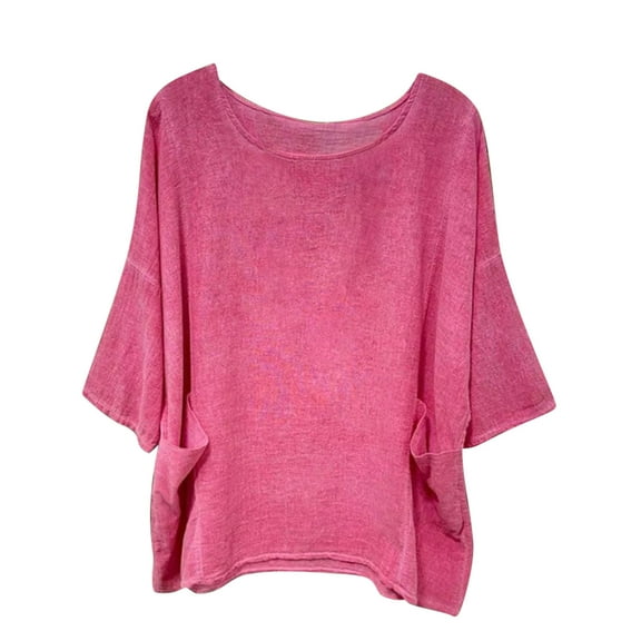 UAMVSH Summer Tops for Women Soft Cotton Linen Shirts with Pockets Baggy 3/4 Sleeve Crew Neck Casual Blouses Beach Vacation Outfits(Small,Hot Pink)