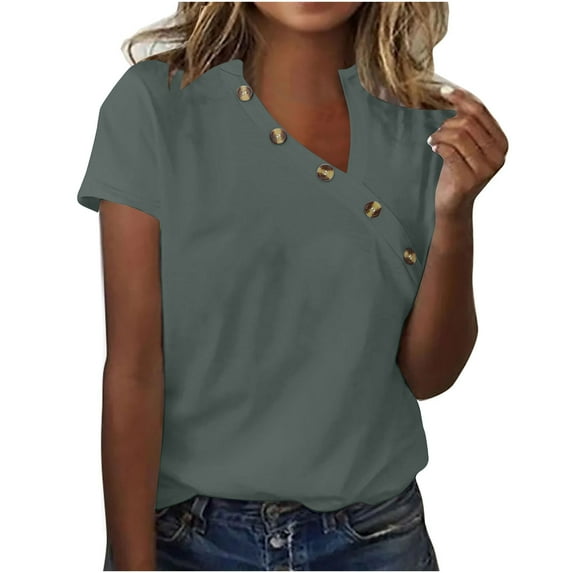 UAMVSH Summer Tops for Women Solid V-Neck Short Sleeve Shirts Side Button Front Tunic T-Shirt Casual Blouse Tops