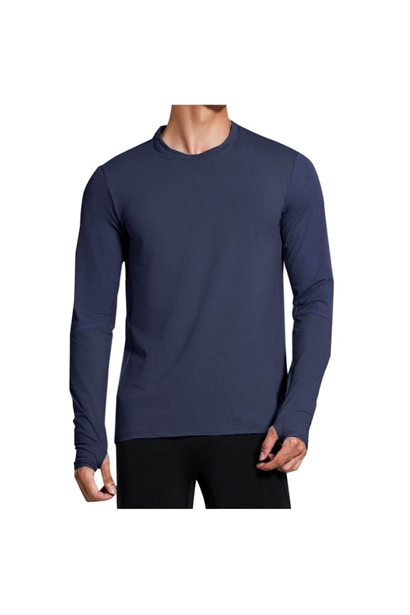 Sun Protection Shirts for Men Color Block Fashion Running T-Shirts Casual Lightweight Long Sleeve Athletic Tops with Thumb Hole(X-Large,Navy)
