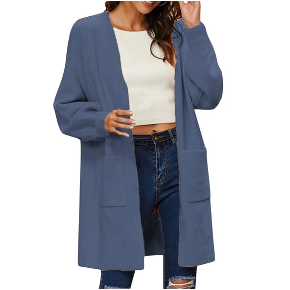 UAMVSH Sweater Cardigans for Women Lightweight Fall Solid Color Casual Dusters Oversized Long Sleeve Open Front Shrug with Pockets(Small,Navy)