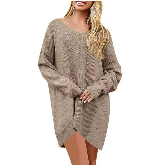 UAMVSH Oversized Sweater Dress for Women Fall V Neck Long Sleeve Ribbed Long Sweaters Knitted Casual Loose Fit Pullover Tops Fashion Outfits(X-Large,Khaki)