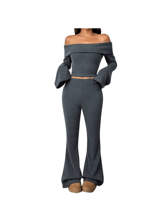 Sweater Outfits for Women off Shoulder Long Sleeve Sweaters Bootcut Flare Legging Pants Trendy Going out Ribbed 2 Piece Lounge Sets(X-LargeGray)