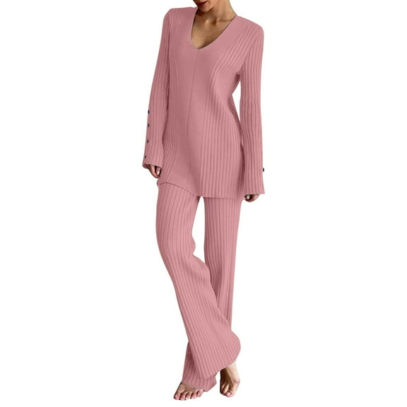 UAMVSH Sweater Outfits for Women Casual Winter Lightweight Long Sleeve Pullover Knitwear 2 Piece Sets with Palazzo Wide Leg Pants(Small,Pink)