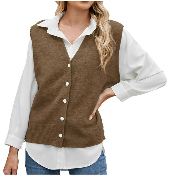 UAMVSH Sweater Vests for Women Casual V Neck Button down Sleeveless Knitted Cardigan Jackets Soft Lightweight Fall Tank Tops(Medium,Brown)