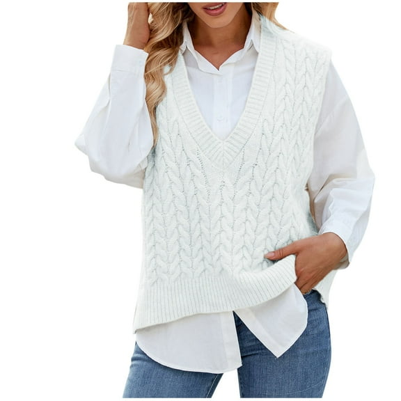 UAMVSH Sweater Vests for Women V Neck Sleeveless Fashion Cable Knitted Solid Color Casual Pullover Tank Tops Ladies Fall Outfits(X-Large,White)