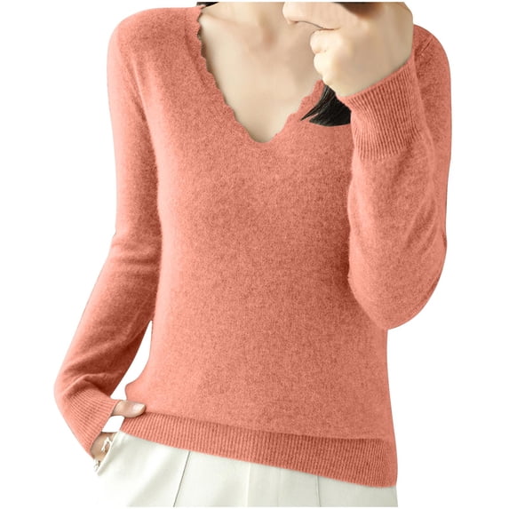 UAMVSH Sweaters for Women Casual v-neck Long Sleeve Solid color Pullover tops soft lightweight knitted Knitwear Sweaters(X-Large,Pink)