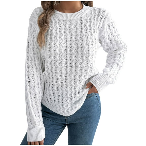 UAMVSH Sweaters for Women Elegant Cable Knitted Long Sleeve Pullover Tops Soft Lightweight Crew Neck Sweaters with Curved Hem(X-Large,White)