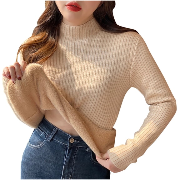 UAMVSH Sweaters for Women Elegant Turtleneck Trendy Ribbed Warm Fluffy Pullover Tops Long Sleeve Fleece Lined Knitted Sweaters(Free Size,Khaki)