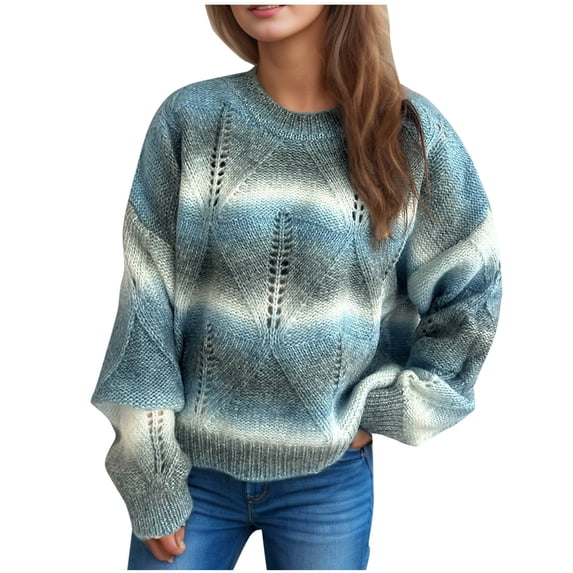UAMVSH Sweaters for Women Gradient Long Sleeve Casual Knit Pullover Trendy Hollow Out Crewneck Crochet Jumper Tops Going Out Outfits