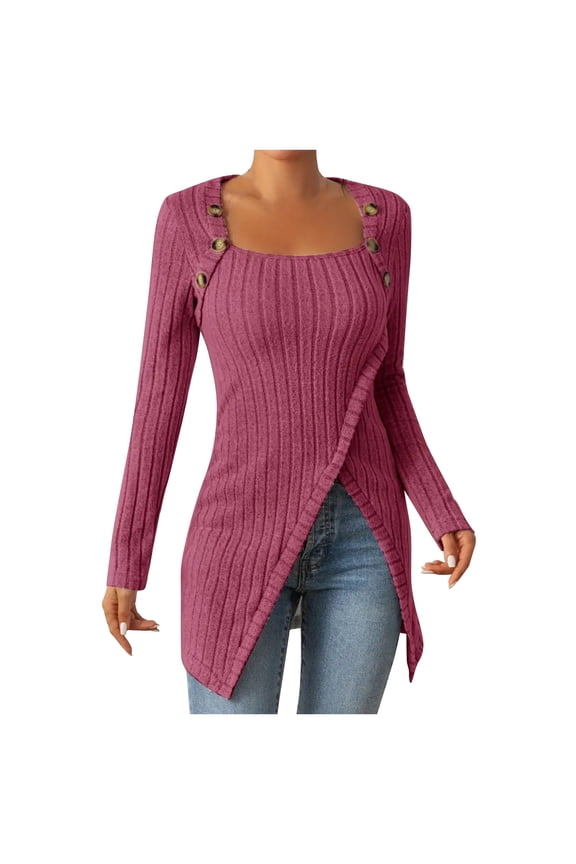 Sweaters for Women Lightweight Asymmetrical Hem Long Sleeve Shirts Casual Fall Button Tunic Tops