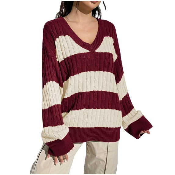UAMVSH Sweaters for Women Oversized Fall Fashion Long Sleeve Color Block Pullover Tops Casual V-Neck Knitted Sweaters(Small,Red)