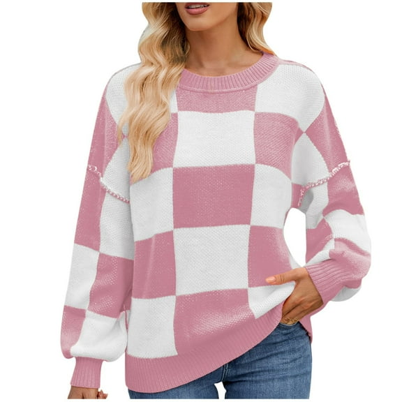 UAMVSH Sweaters for Women Oversized Long Sleeve Color Block Crew Neck Trendy Pullovers Comfy Loose Fit Knitted Sweater Tops(Medium,Pink)