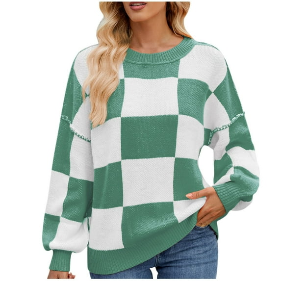 UAMVSH Sweaters for Women Oversized Long Sleeve Color Block Crew Neck Trendy Pullovers Comfy Loose Fit Knitted Sweater Tops(Small,Green)