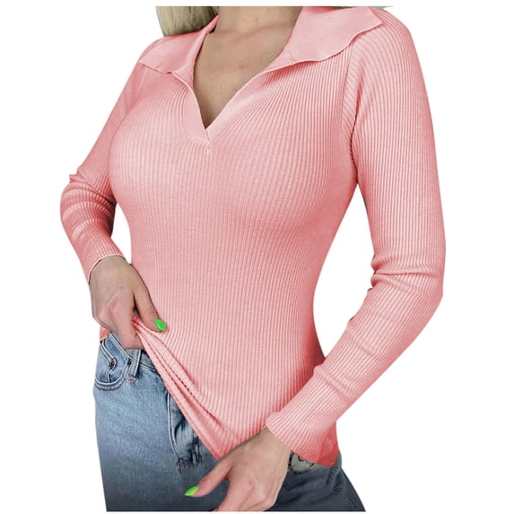 UAMVSH Sweaters for Women Slim Fit Long Sleeve Knit Tops Lightweight Textured Collared V Neck Fall Shirts Business Casual Outfits