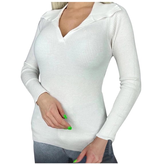 UAMVSH Sweaters for Women Slim Fit Long Sleeve Knit Tops Lightweight Textured Collared V Neck Fall Shirts Business Casual Outfits
