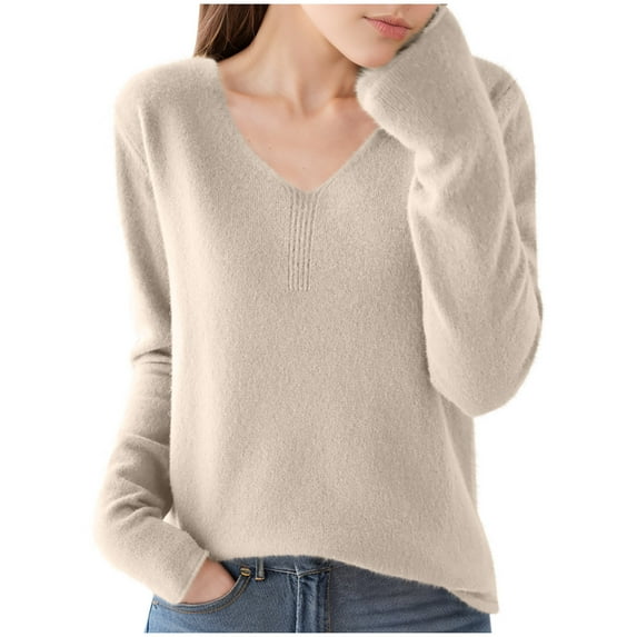 UAMVSH Sweaters for Women Soft Basic Lightweight Pullover Tops Comfy Long Sleeve V Neck Knitted Sweaters Fall Fashion Outfits(X-Large,Khaki 1)