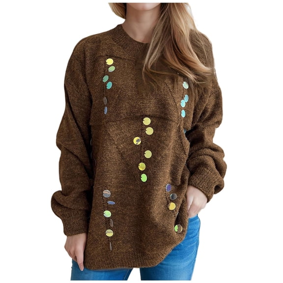 UAMVSH Sweaters for Women Trendy Crew Neck Long Sleeve Sparkly Pullover Sweater Casual Knitted Shiny Pullover Knitwear Sweaters(Medium,Brown)