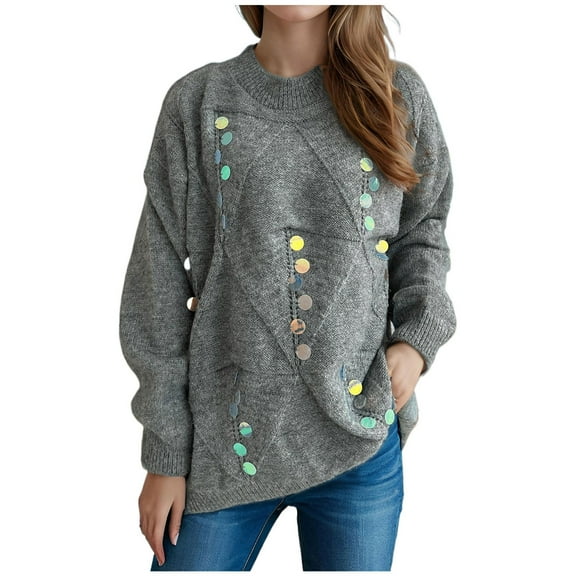 UAMVSH Sweaters for Women Trendy Crew Neck Long Sleeve Sparkly Pullover Sweater Casual Knitted Shiny Pullover Knitwear Sweaters(Small,Gray)