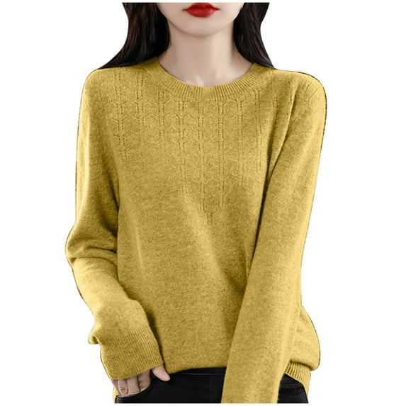 UAMVSH Sweaters for Women Trendy Long Sleeve Crew Neck Sweaters Soft Lightweight Knitted Tops Casual Solid Color Basic Pullover(X-Large,Yellow 1)