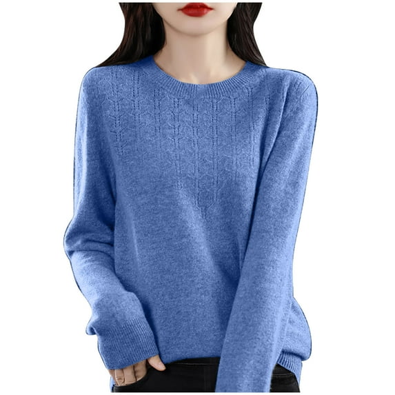UAMVSH Sweaters for Women Trendy Long Sleeve Crew Neck Sweaters Soft Lightweight Knitted Tops Casual Solid Color Basic Pullover(XX-Large,Blue 1)