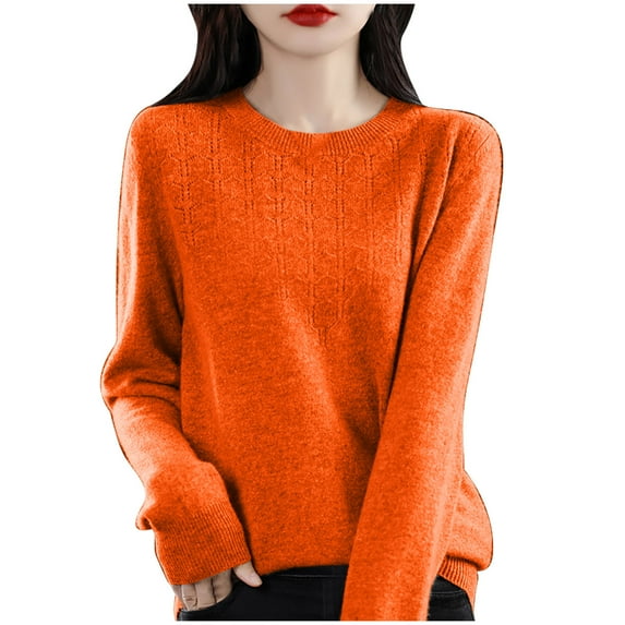 UAMVSH Sweaters for Women Trendy Long Sleeve Crew Neck Sweaters Soft Lightweight Knitted Tops Casual Solid Color Basic Pullover(XX-Large,Orange)