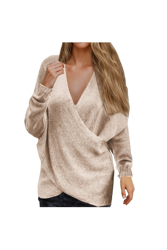Sweaters for Women V-Neck Wrap Long Sleeve Front Cross Pullover Loose Knitted Fall Winter Clothes