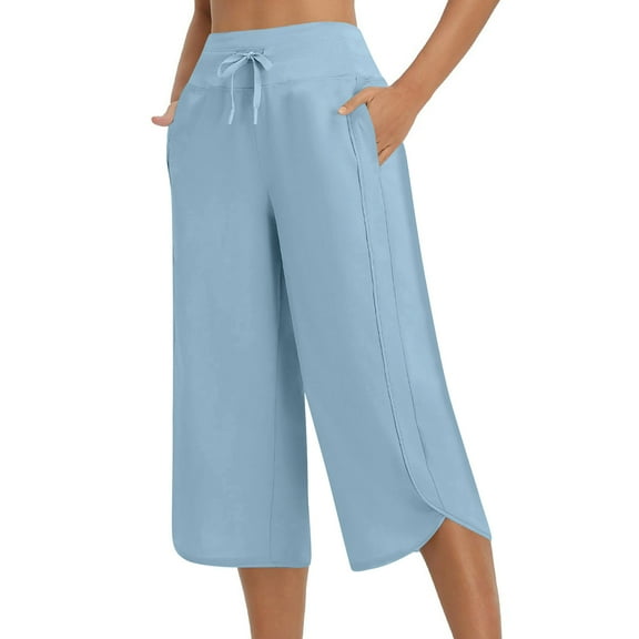 UAMVSH Sweatpants for Women High Waist Stretchy Yoga Work Capris with Drawstring Side Slit Wide Leg Pockets Business Lounge Cropped Pants